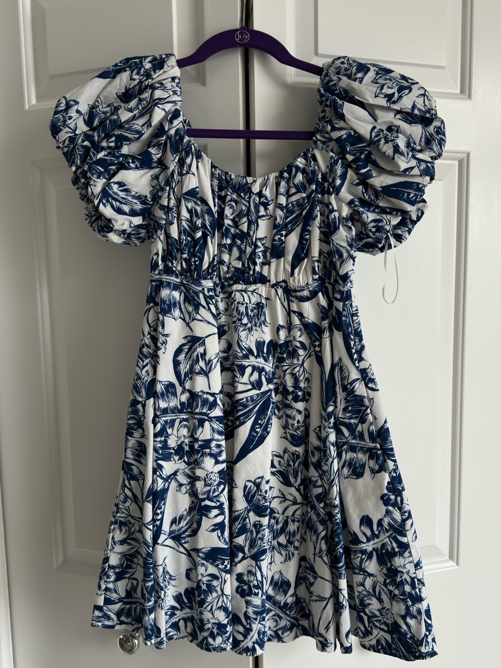 Abercrombie & Fitch Navy & White Floral Puff-Sleeve Mini Dress | Size X-Small